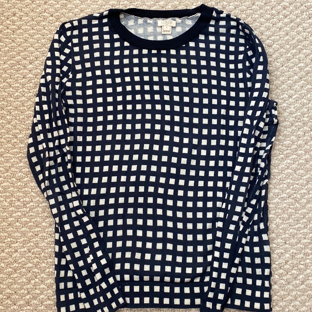 J Crew Navy Checkered Teddie Sweater S